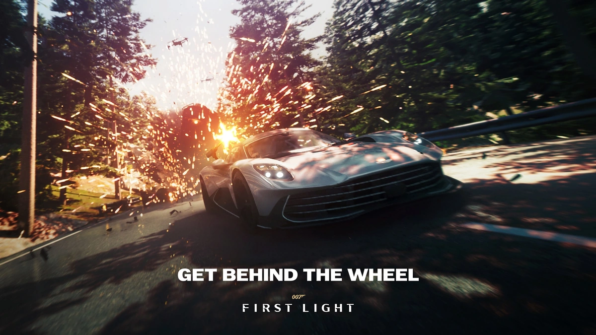 An Aston Martin speeds through a forest trailing sparks in a 007 First Light screenshot