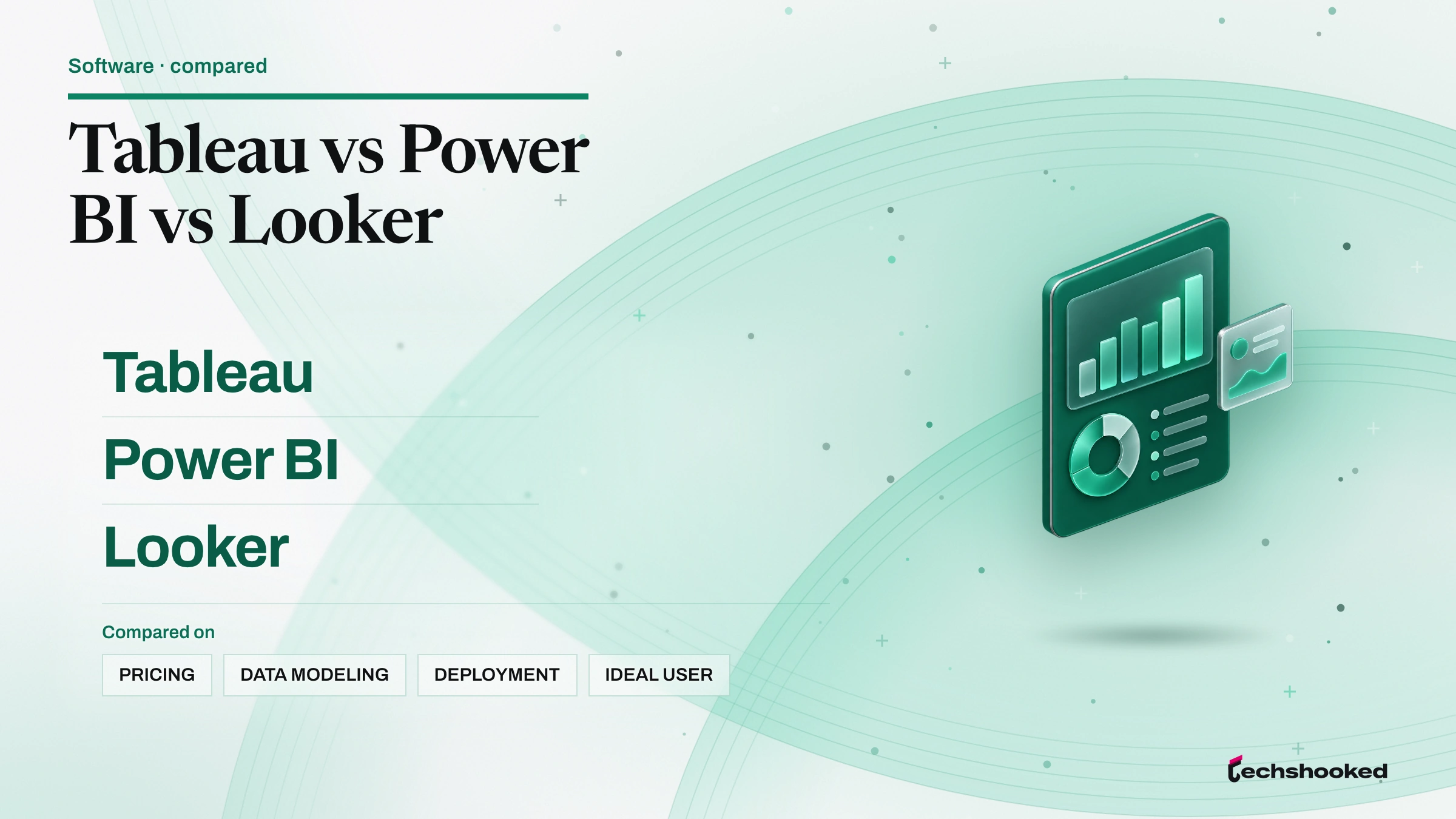 Comparison card comparing Tableau, Power BI and Looker on pricing, data modeling, deployment and ideal user