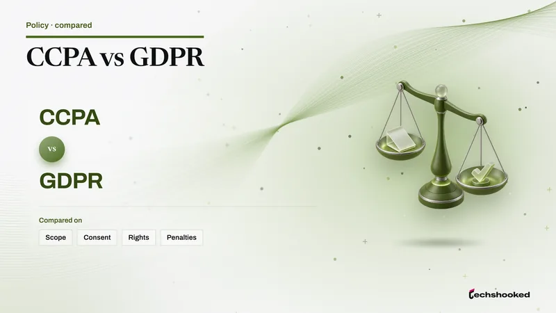 Comparison diagram of CCPA versus GDPR across scope, consent, rights.