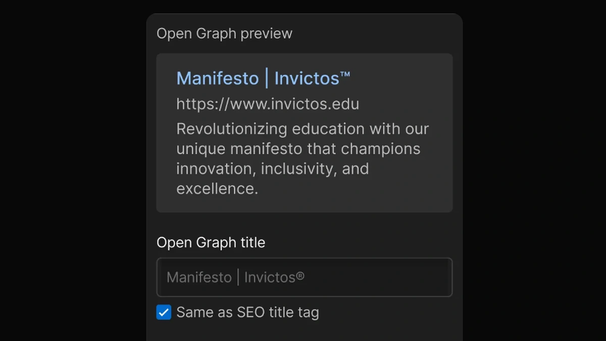 Webflow Open Graph preview panel showing a title, description, and social-share mockup