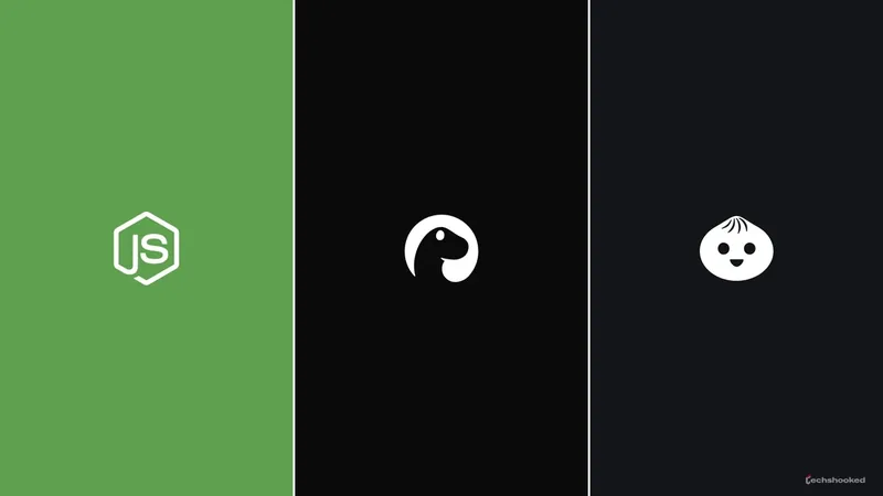 Node.js, Deno, and Bun logos shown for JavaScript runtimes.