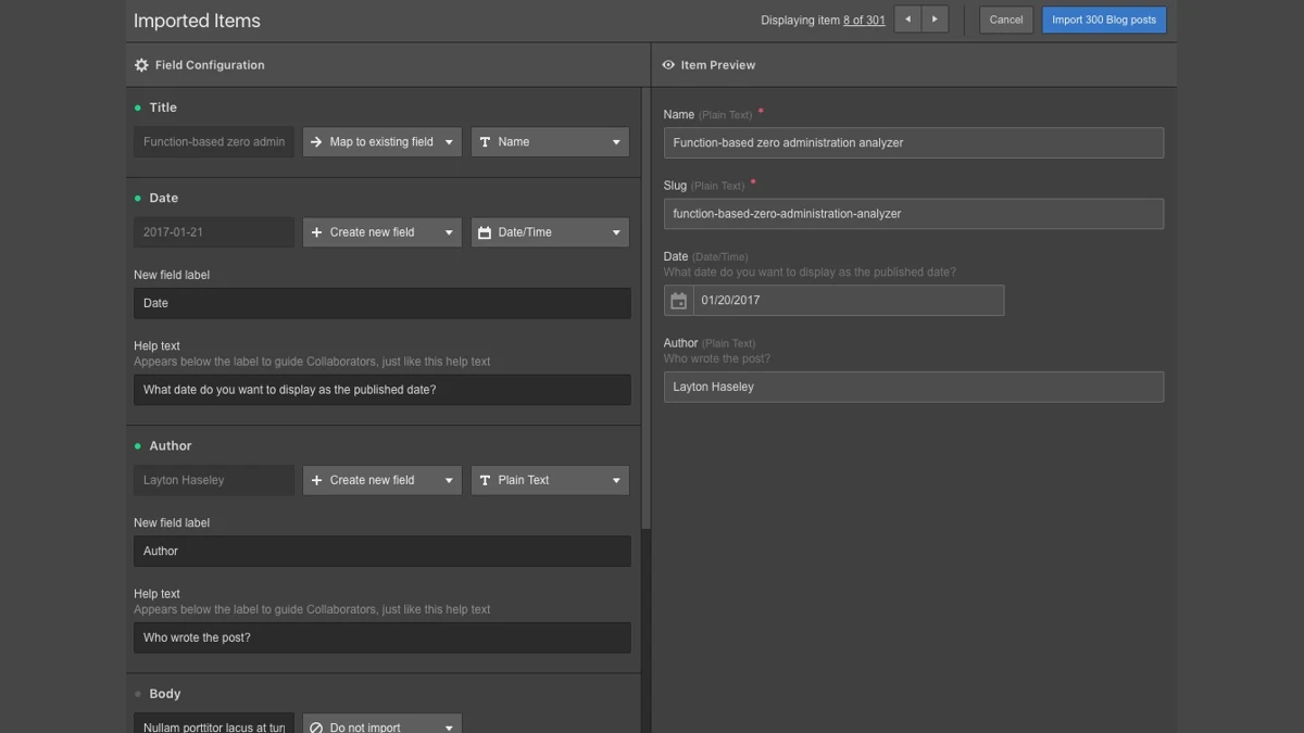 Webflow CMS interface showing content collection import and field mapping for migrating WordPress posts