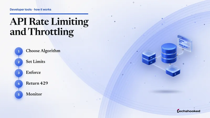 Process diagram for api rate limiting and throttling: choose algorithm, set limits, enforce, return 429, monitor.