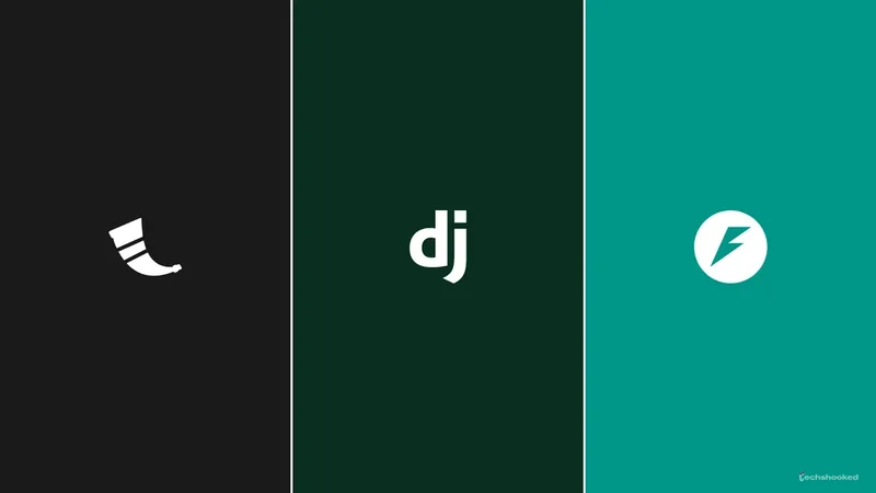 Flask, Django, and FastAPI logos shown for Python web frameworks.
