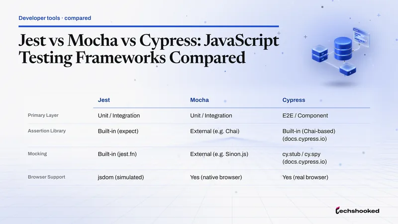 Comparison card: Jest vs Mocha vs Cypress: JavaScript Testing Frameworks Compared