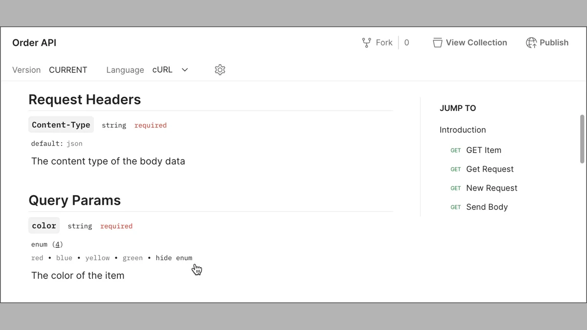 Postman API documentation interface showing auto-generated endpoint reference with request/response examples and schema
