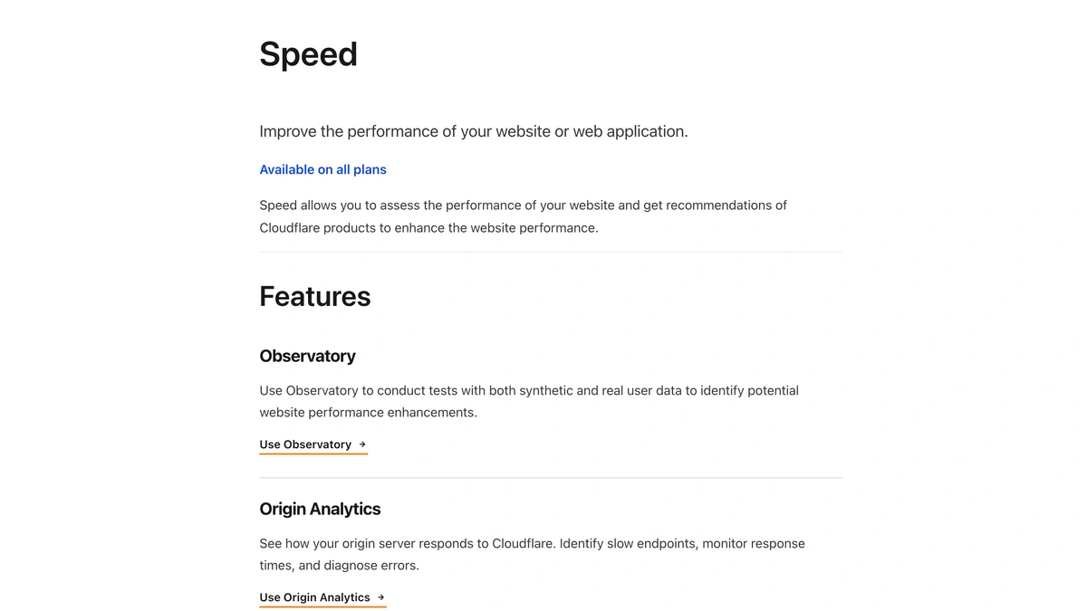 Cloudflare Speed docs page listing the Observatory and Origin Analytics features