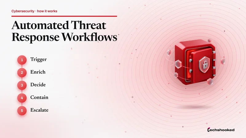 Process diagram for automated threat response workflows: trigger, enrich, decide, contain, escalate.