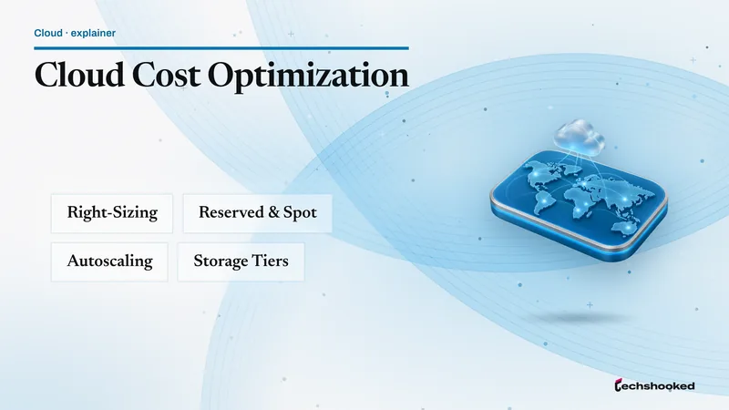 Concept diagram explaining Cloud Cost Optimization: right-sizing, reserved & spot, autoscaling, storage tiers.