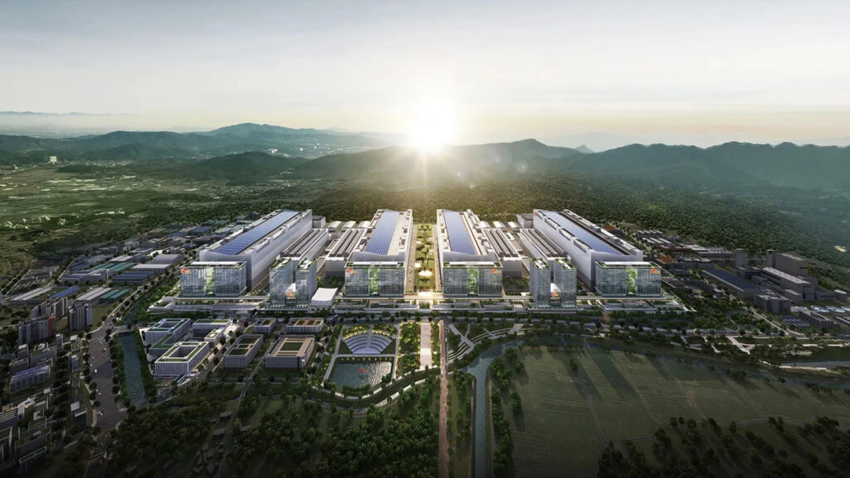 SK hynix Yongin semiconductor cluster aerial rendering with manufacturing fabs and mountains