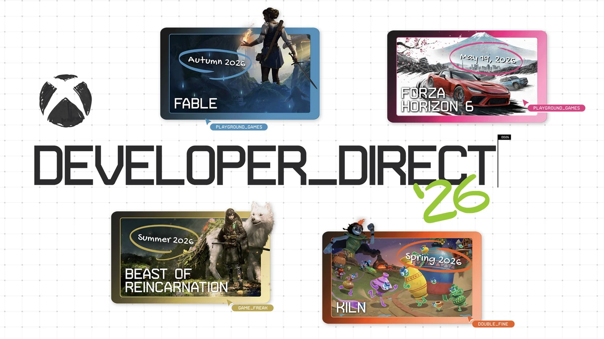 Xbox Developer_Direct '26 graphic with cards for Fable, Forza Horizon 6, Beast of Reincarnation and Kiln