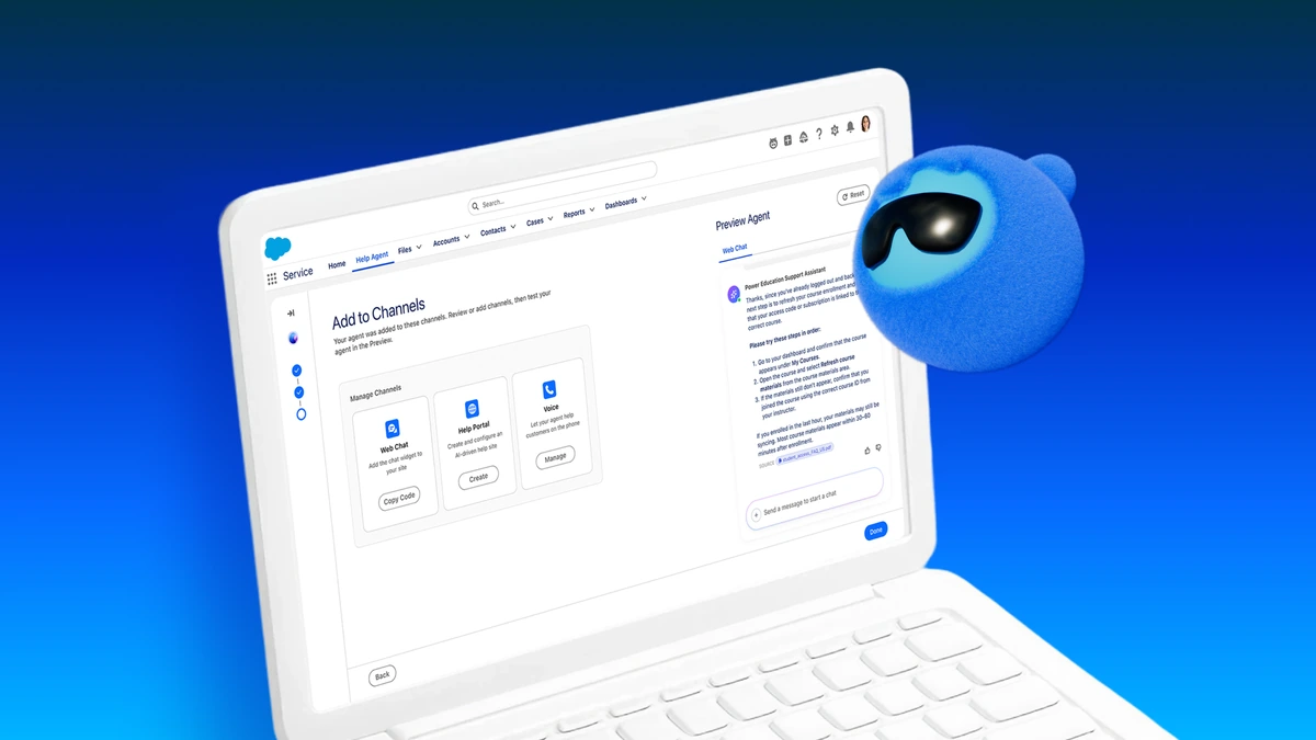 Salesforce Agentforce Help Agent Add to Channels screen on a white laptop beside a round blue mascot in sunglasses
