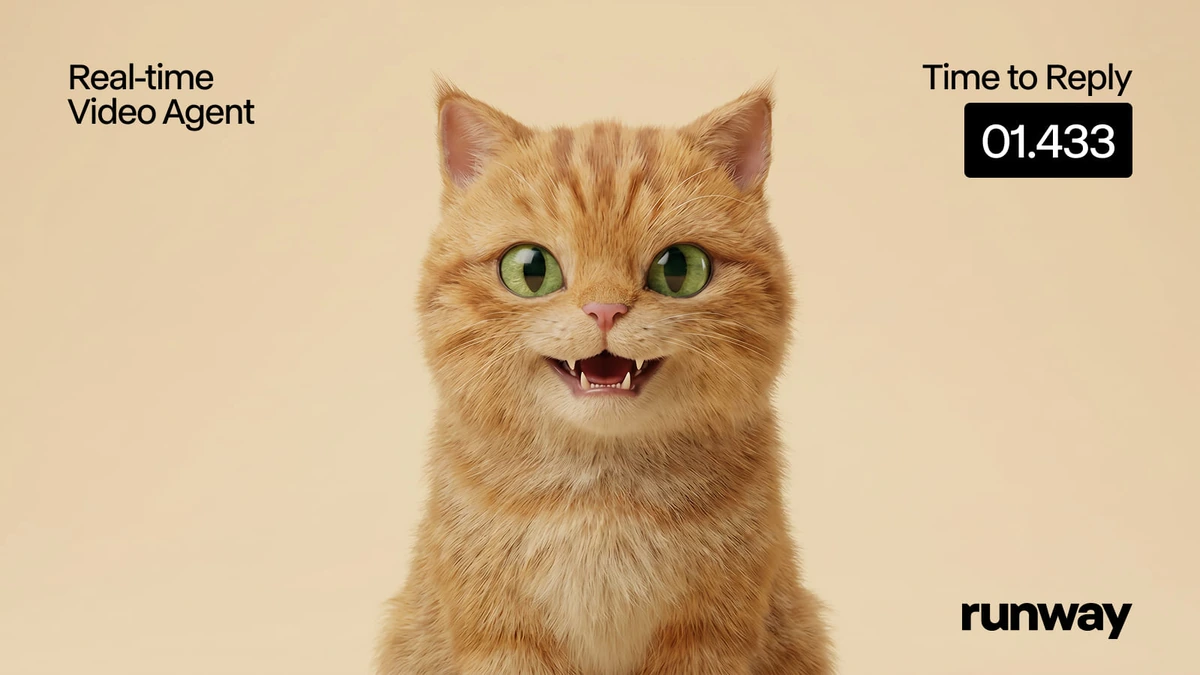Runway Real-time Video Agent frame: a grinning ginger cat on beige with a 01.433 Time to Reply counter