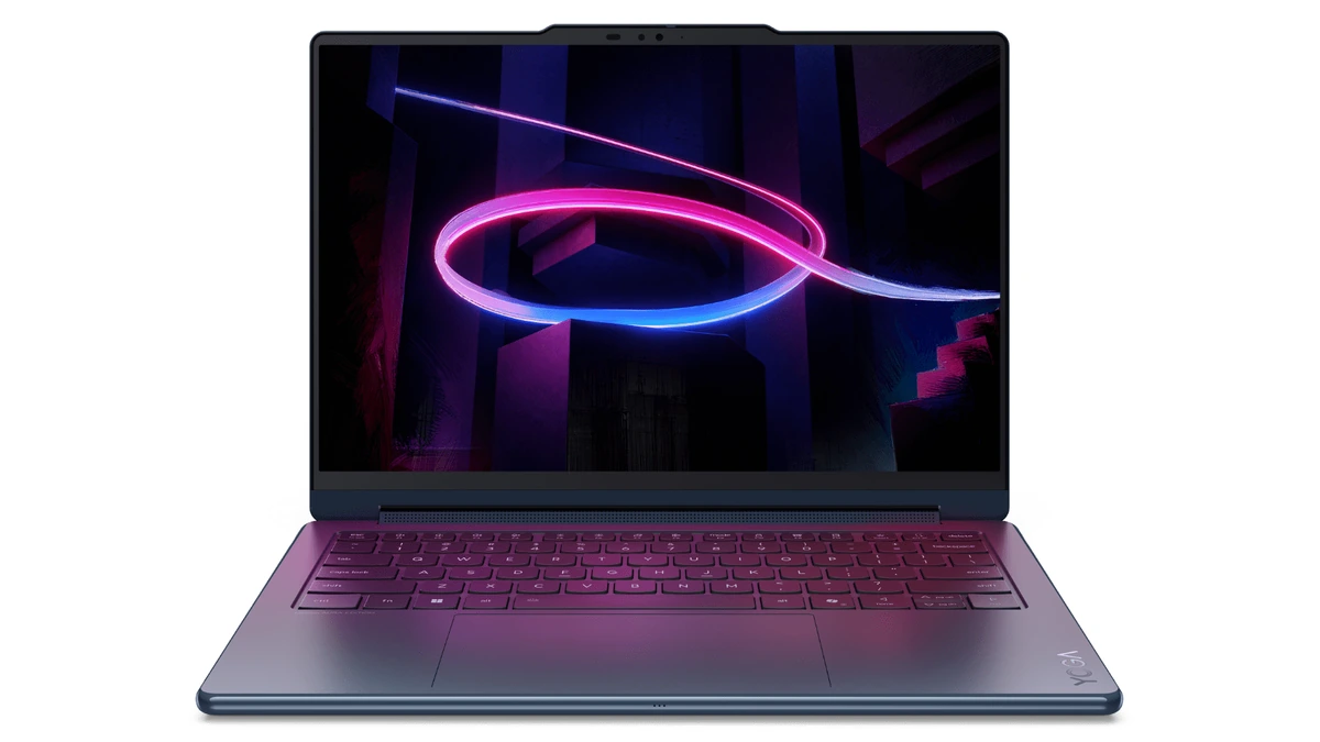 Lenovo Yoga 9i 2-in-1 Aura Edition laptop open in laptop mode