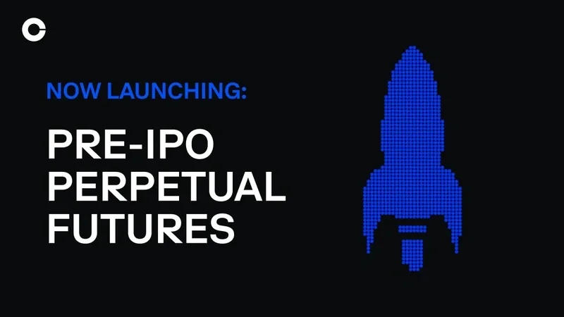 Coinbase graphic reading Now Launching: Pre-IPO Perpetual Futures beside a pixel-style blue rocket