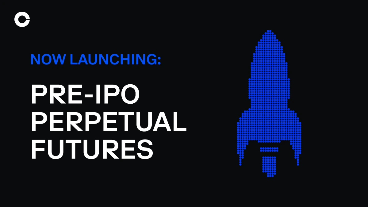 Coinbase graphic reading Now Launching: Pre-IPO Perpetual Futures beside a pixel-style blue rocket