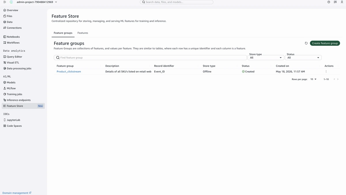 Amazon SageMaker Feature Store showing feature groups in SageMaker Studio