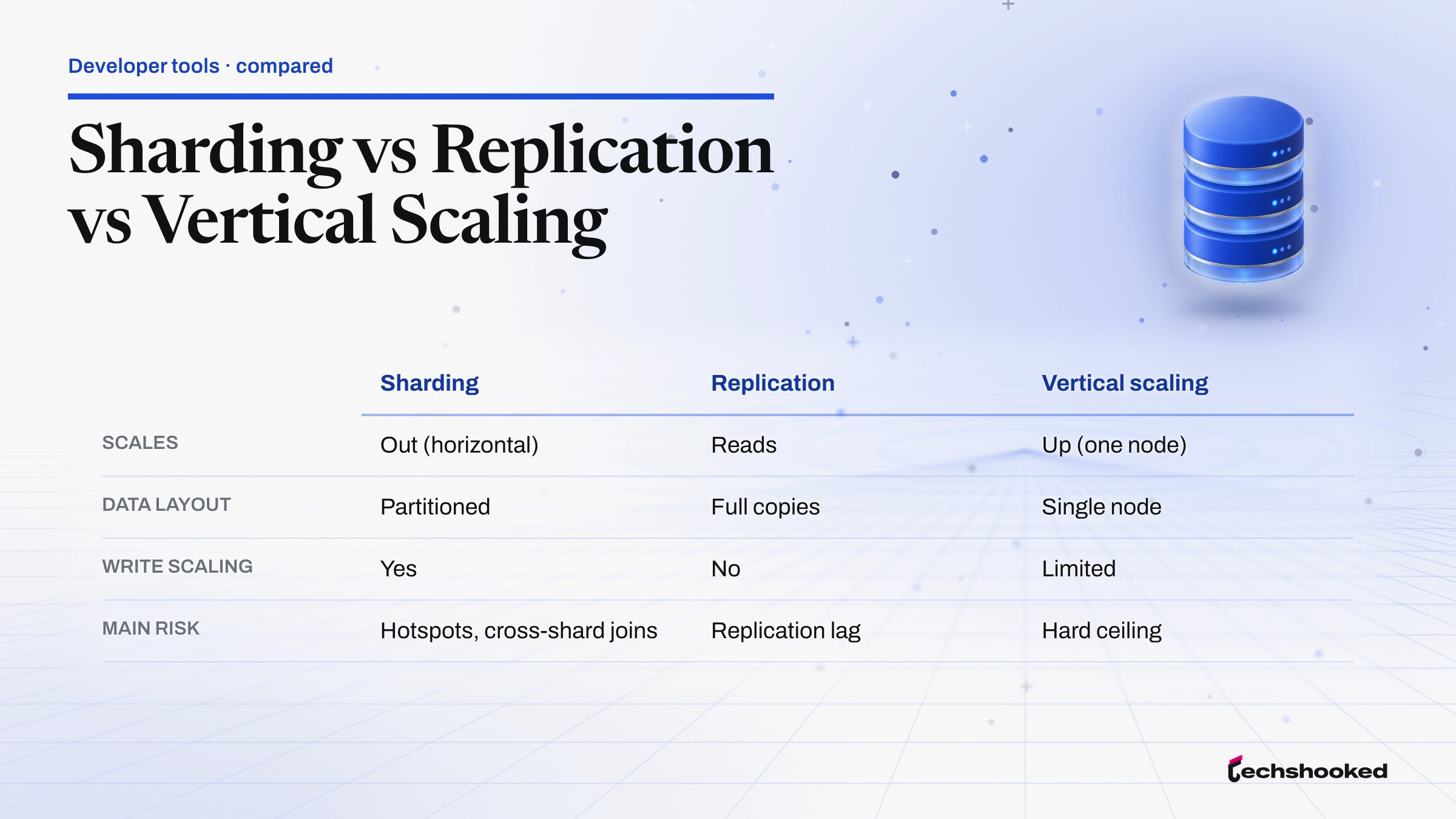 Comparison matrix comparing Sharding, Replication and Vertical scaling on scales, data layout, write scaling and main risk