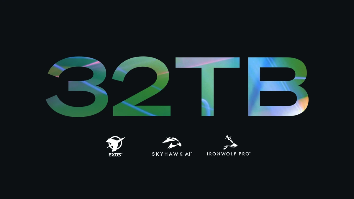 Seagate 32TB announcement graphic for Exos, SkyHawk AI, and IronWolf Pro drives