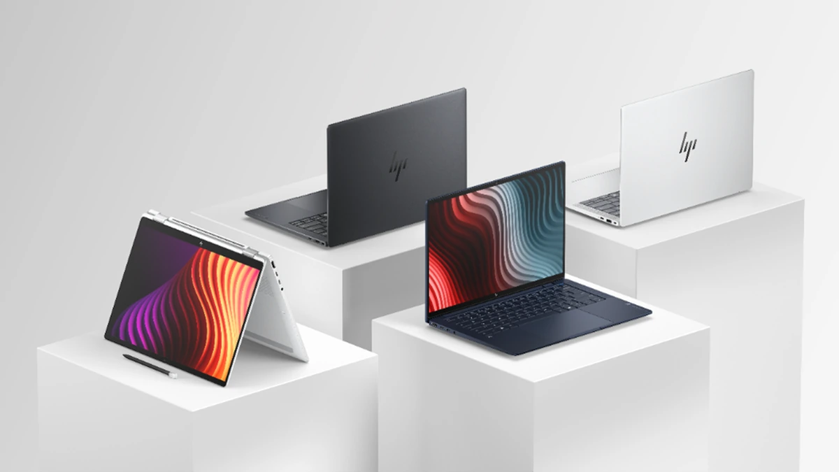 HP EliteBook X G2 Series laptops on white pedestals, one in tent mode with a stylus