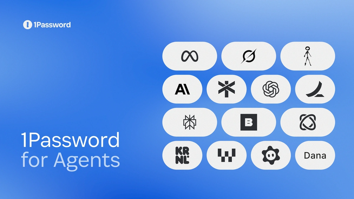 1Password for Agents wordmark beside a grid of company logos on a blue background