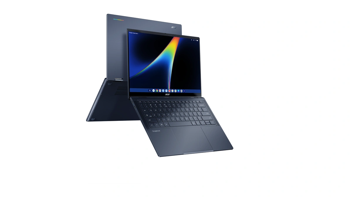 Acer Googlebook 14 in dark blue, one unit open in laptop mode in front of a second propped up in tent mode, on white
