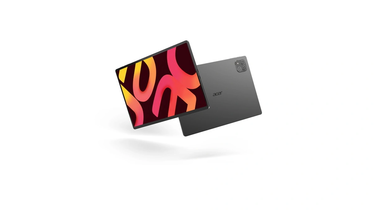 Acer Iconia Duo tablet shown front and back with abstract artwork on the display