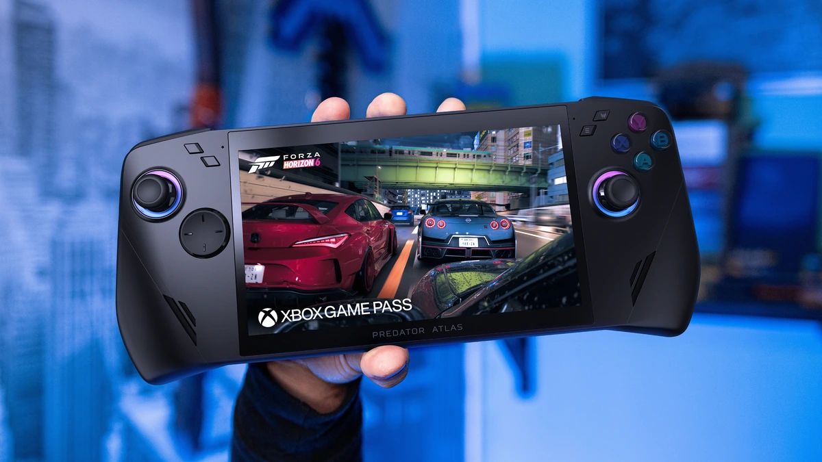 A hand holds the Acer Predator Atlas 7 handheld running Forza Horizon 6, with RGB thumbsticks and colored buttons