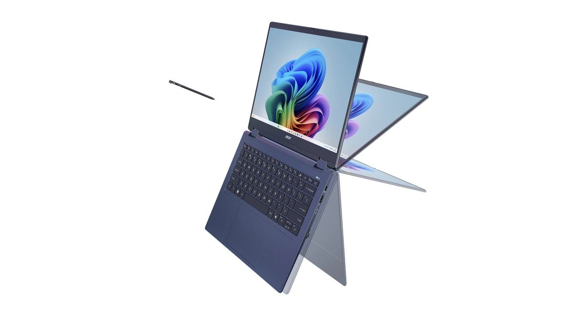 Acer Swift Spin 14 AI convertible laptop in two configurations open and folded into tent mode with stylus