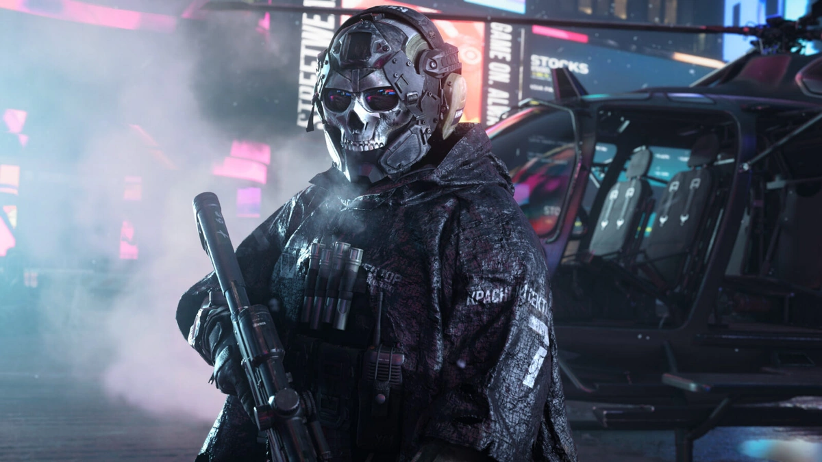 Call of Duty: Modern Warfare 4 key art of a soldier in a skull mask and tactical gear in front of a helicopter