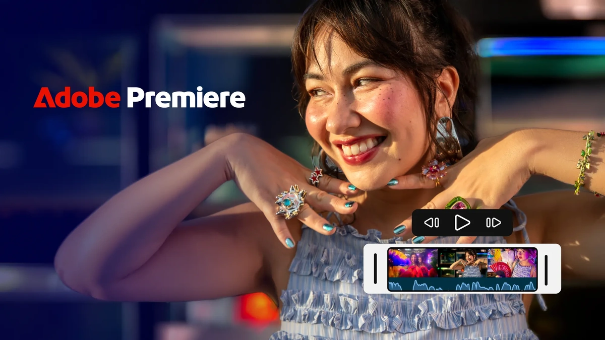 Adobe Premiere promo image: a smiling woman wearing rings and bracelets beside a mobile video timeline and playback controls