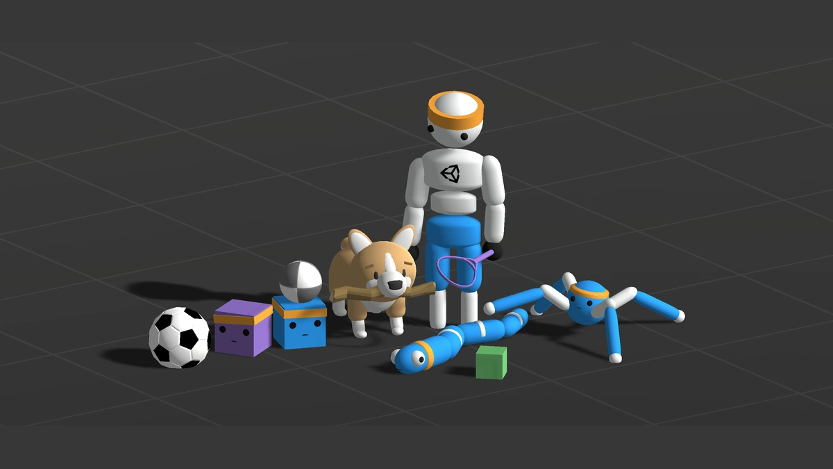 Unity ML-Agents example agents, a robot, a corgi, a crawler and a ball, stand on a training floor
