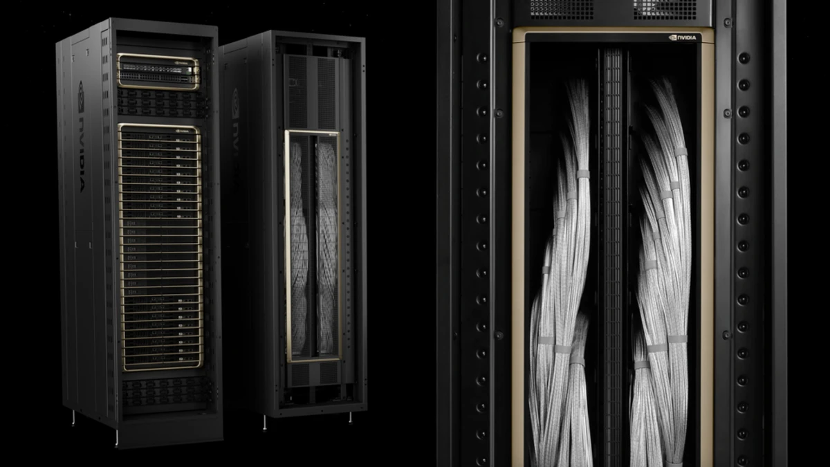 An NVIDIA GB200 NVL72 GPU rack illustrates the accelerators compared for AI inference.