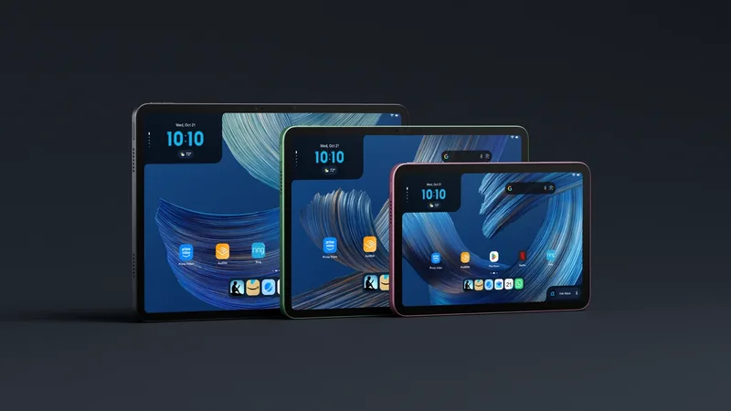 Amazon Alexa Tablet 12 Pro, 11 and 8 standing side by side on a dark surface with their home screens lit