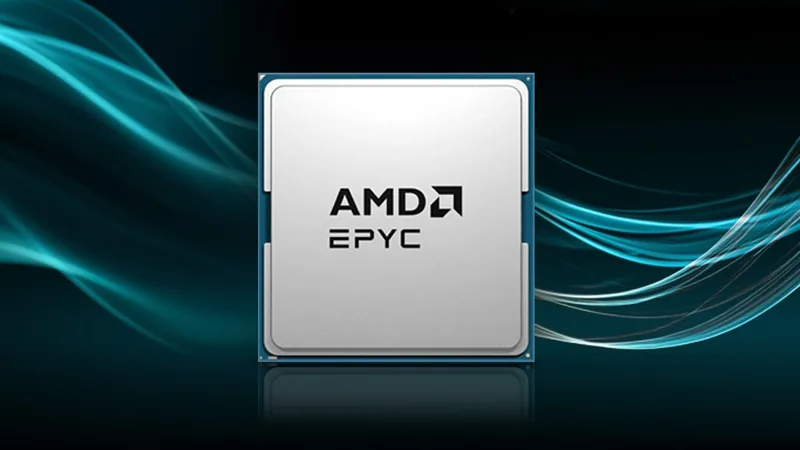 AMD EPYC processor package with a silver lid shown against teal light streaks on a dark background