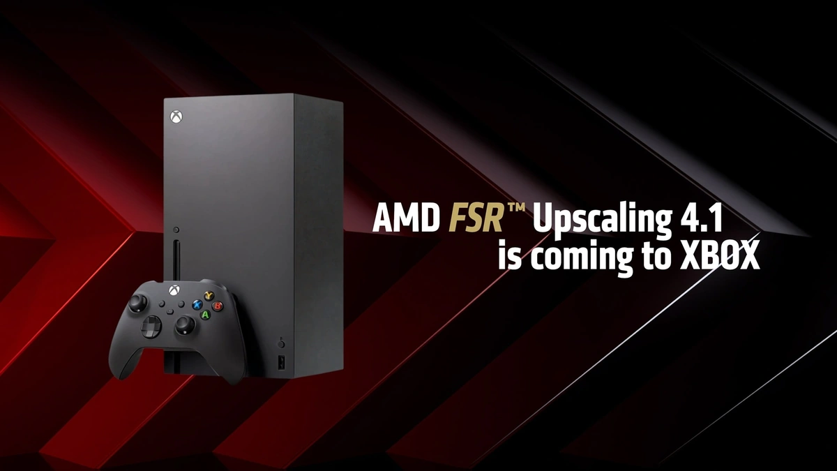 AMD FSR Upscaling 4.1 is coming to Xbox graphic with an Xbox Series X console and controller against black and red stripes
