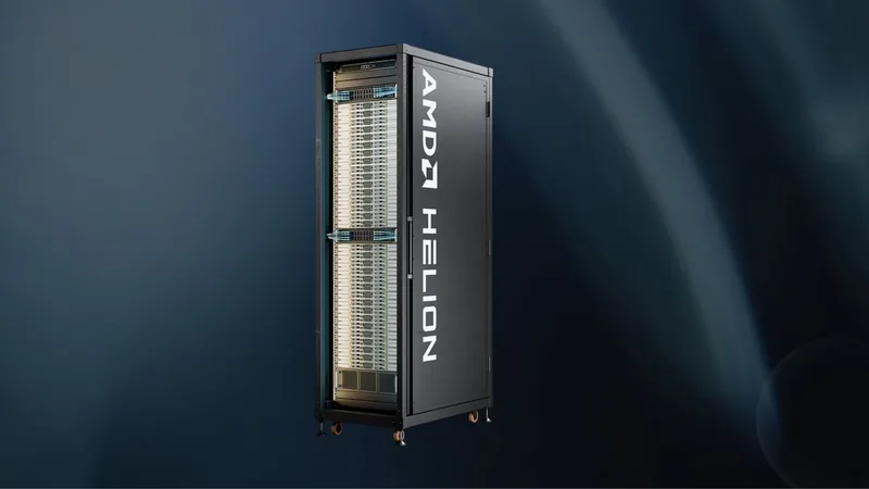 AMD Helion server rack with a black side panel and open front bays, standing against a dark blue background