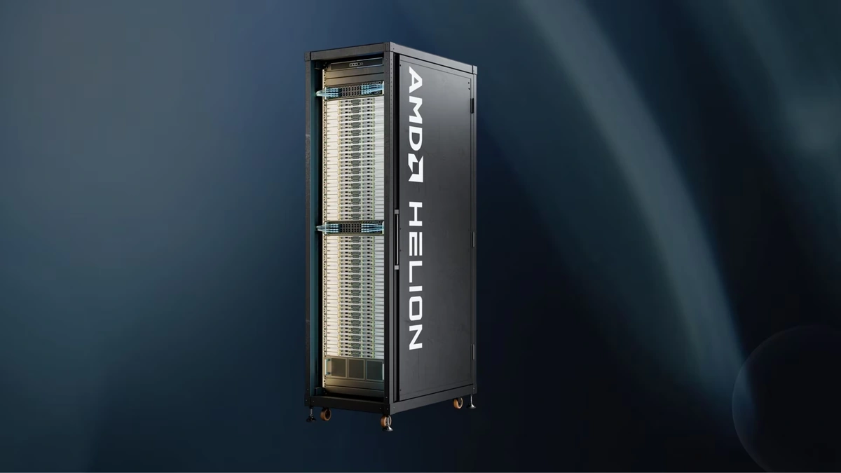 AMD Helion server rack with a black side panel and open front bays, standing against a dark blue background