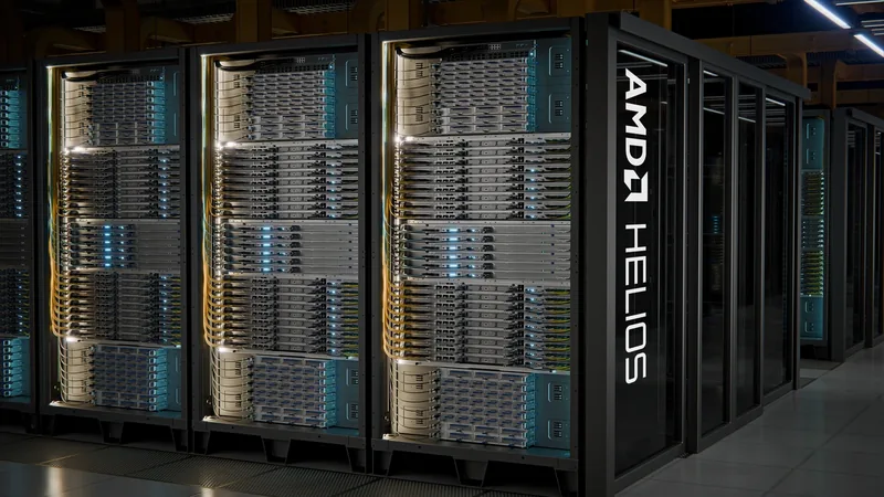 AMD Helios AI racks in a dark data center hall, with the name running along the end of the row