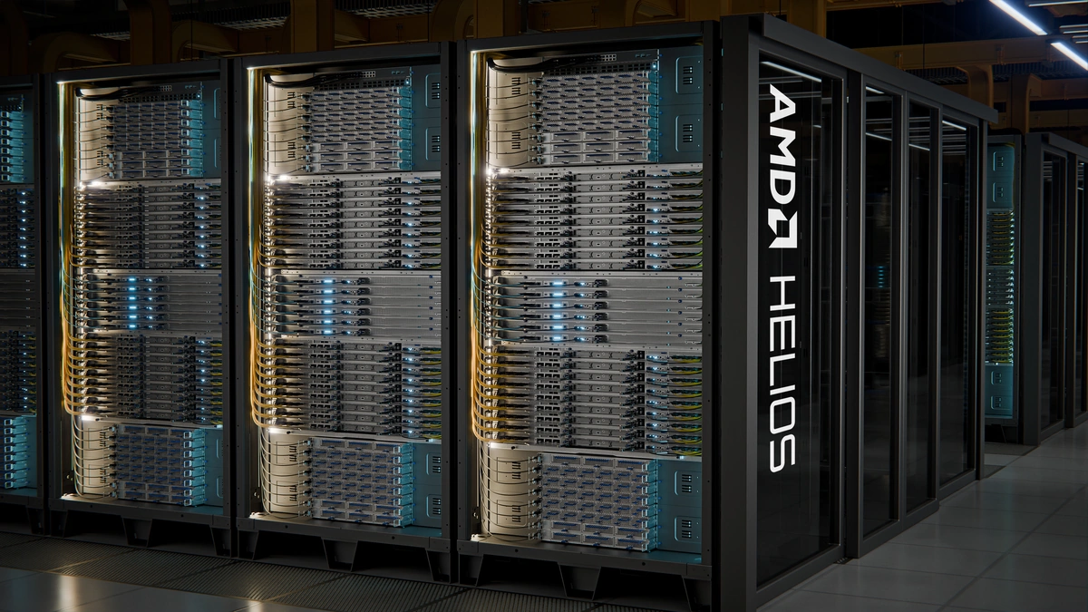 AMD Helios AI racks in a dark data center hall, with the name running along the end of the row