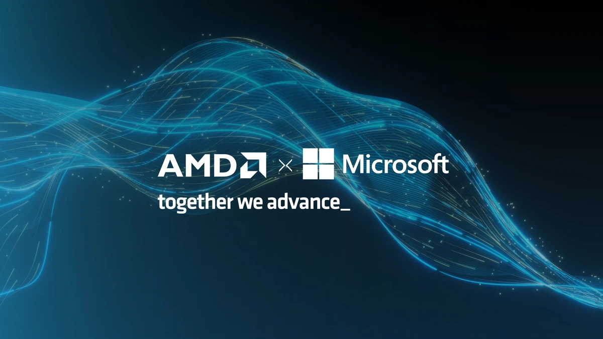 AMD and Microsoft logos over blue light trails with the tagline together we advance