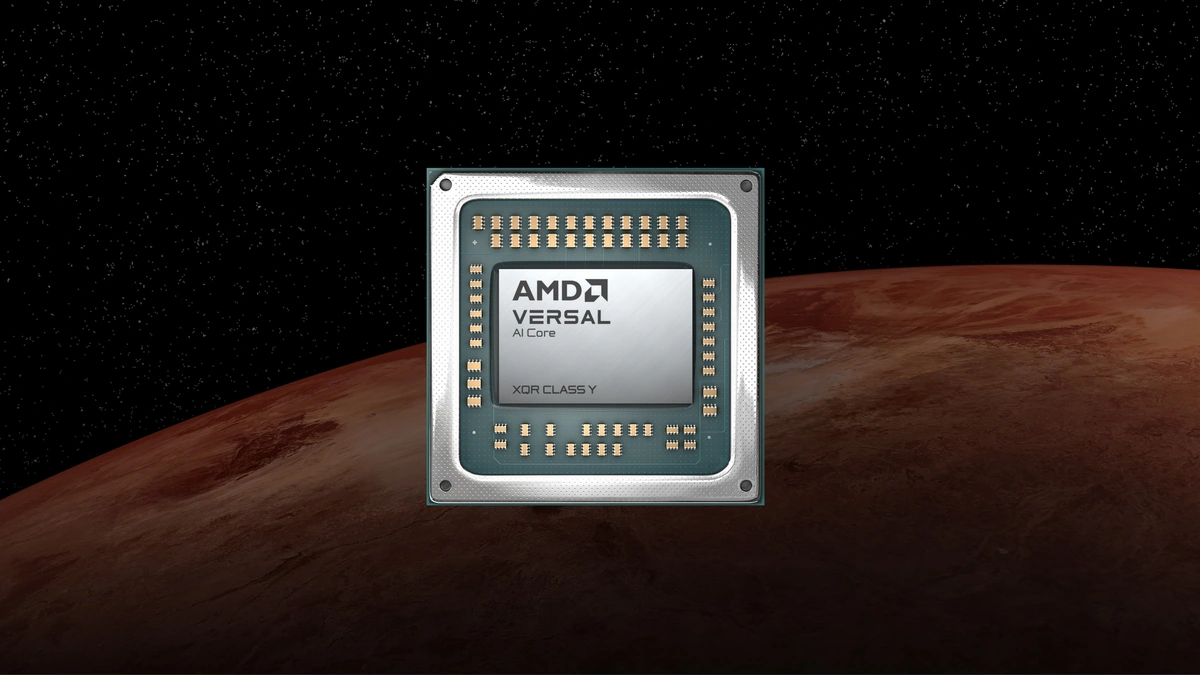 AMD Versal AI Core chip package on a dark background over the curve of Mars