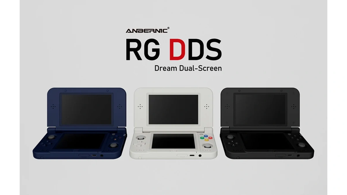 RG DDS dual-screen handhelds in navy, white and black, shown open side by side on a light gray background