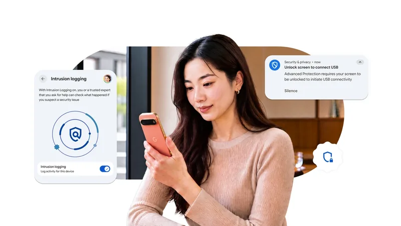 Google illustration of a woman holding a phone beside Android intrusion logging and USB protection alert cards
