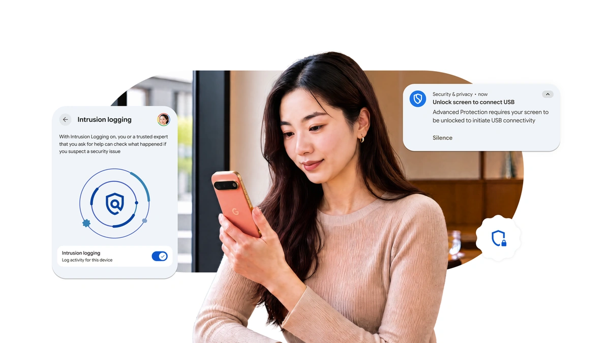 Google illustration of a woman holding a phone beside Android intrusion logging and USB protection alert cards