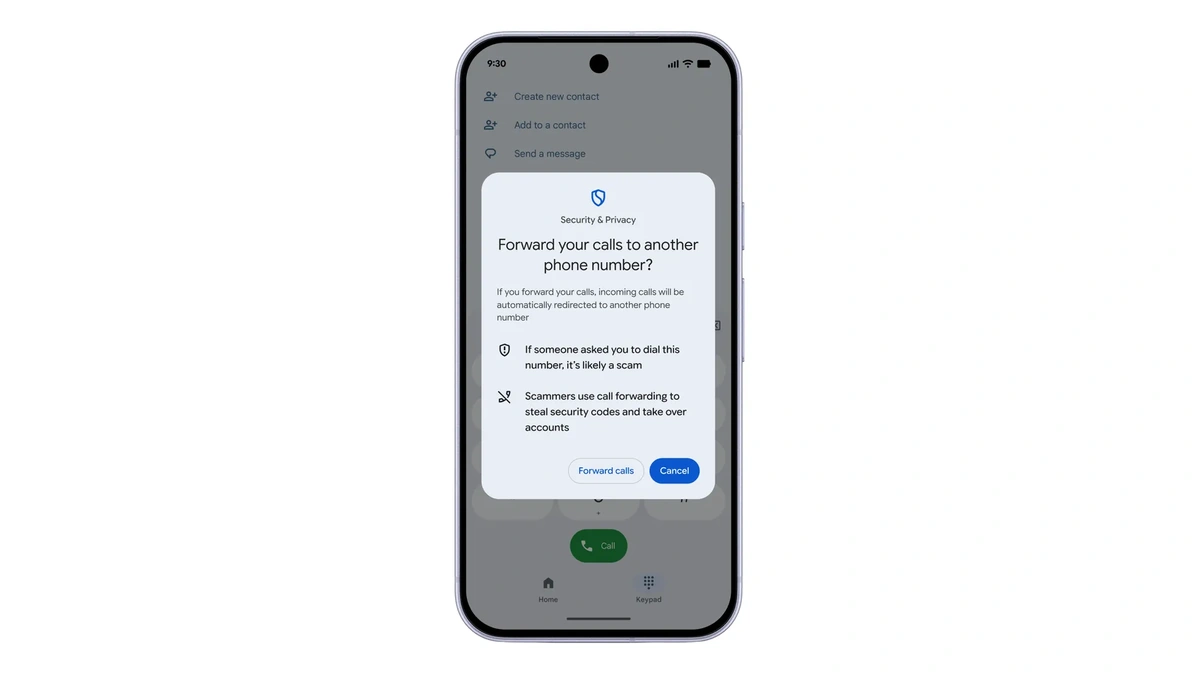 Android phone showing a warning dialog that asks whether to forward calls to another phone number