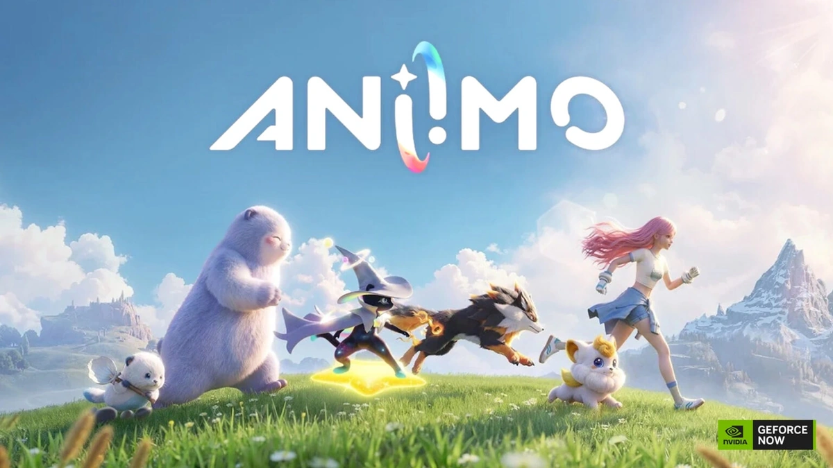 Aniimo key art showing a girl running with four creature companions across a sunlit meadow