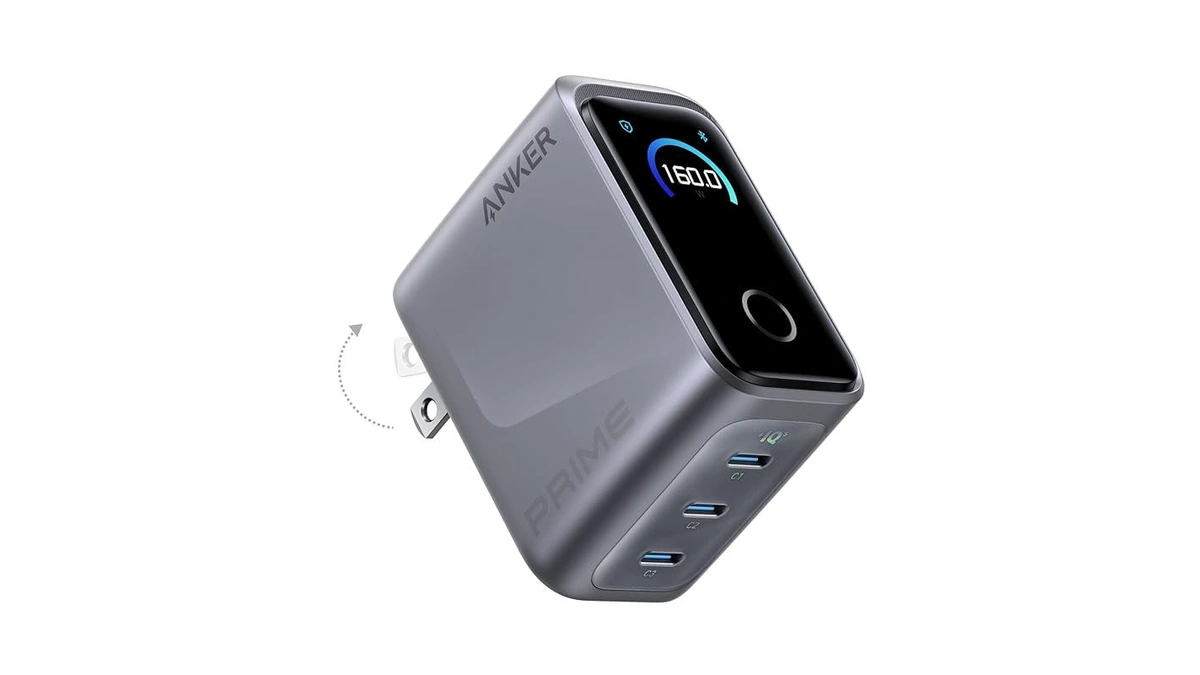 Anker Prime Charger 160W with a display showing 160 watts and three USB-C ports