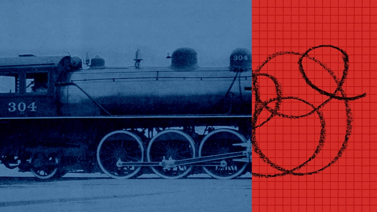 Anthropic artwork of a blue vintage steam locomotive beside a red grid with a black looping scribble