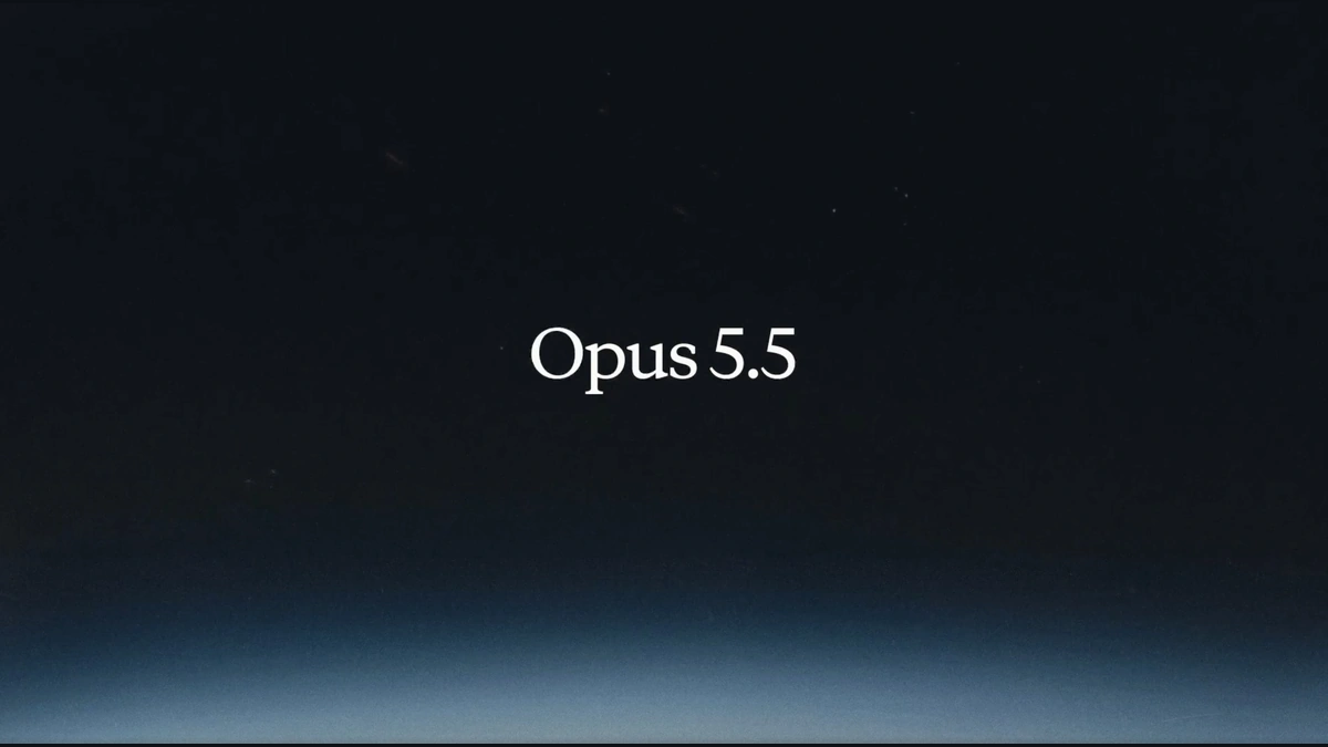 Claude Opus 5.5 title graphic from Anthropic: white serif lettering on a dark blue-gray gradient